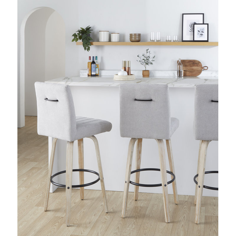 Harrison 30" Fixed-Height Bar Stools with Bent Wood Legs & Round Footrest, Light Gray Seat/White Washed Frame