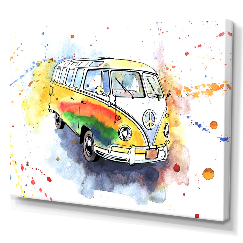 «Retro Grungy Hippy Bus», peinture sur toile, H 24 po x l 32 po x P 1 po, Toile tendue