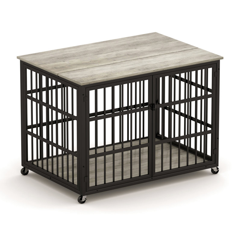 Cage pour chien avec cadre en fer forgé gris et ouvertures latérales - l 43,3 po x P 29,9 po H 33,5 po pour les chiens de taille moyenne facile à assembler jusqu'à 70 lb