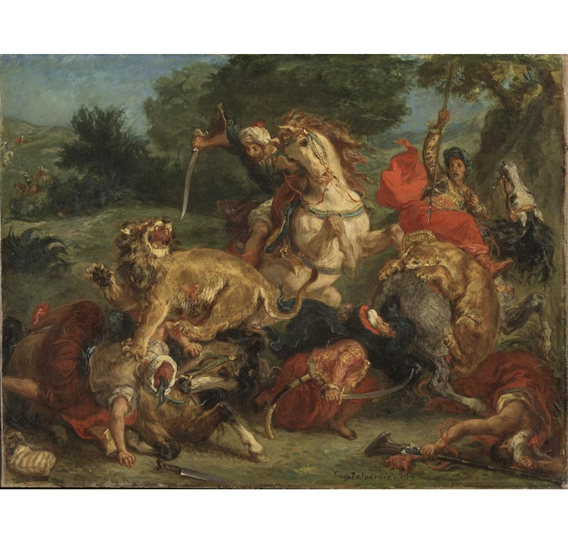 "La chasse au lion" par Eugène Delacroix - Toile tendue avec châssis, H 24 po x l 17 po