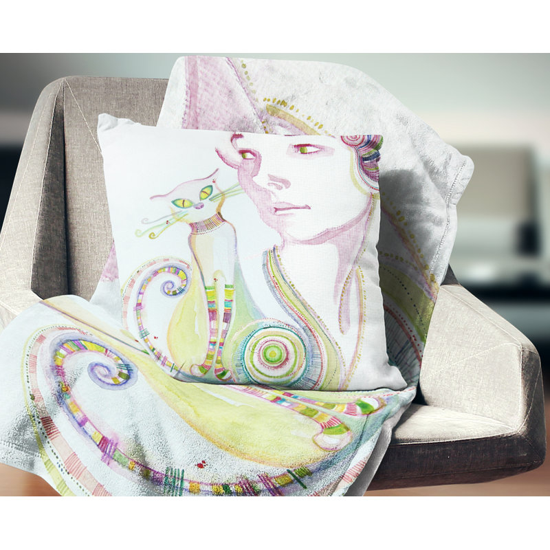 Jolie fille avec un chat - oreiller à imprimé portrait, 18 po x 18 po, Coussin décoratif