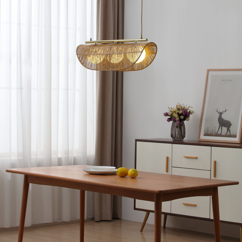 Sovev 27.5 in. Brass Bohemian Pendant Light with Rattan and Glass Shades