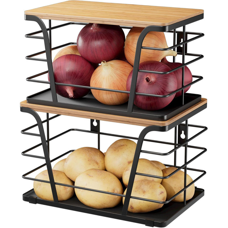 Paquet de 2 bacs de rangement empilables pour pommes de terre et oignons - dessus en bambou et tapis de cuisine en PP, paniers de rangement légers pour comptoir / armoire pour la cuisine, noir