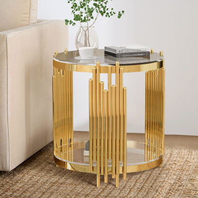  Alborz 19.7'' W x 21.7" H 2-Tier Round Clear Tempered Glass Top End Table, Deluxe Gold Stainless Legs Side Table
