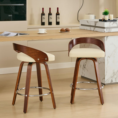 Tabourets de bar pivotants de style Mid-Century de 2 à 25 po de hauteur, comptoir, beige, bois de noyer, revêtement de 2 revêtement de 25 po beige, dossier en bois