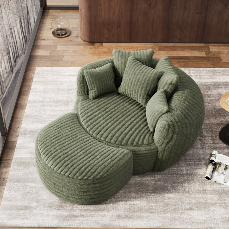 Oversized 3cm Corduroy Round Accent Chair with Crescent Ottoman, Green