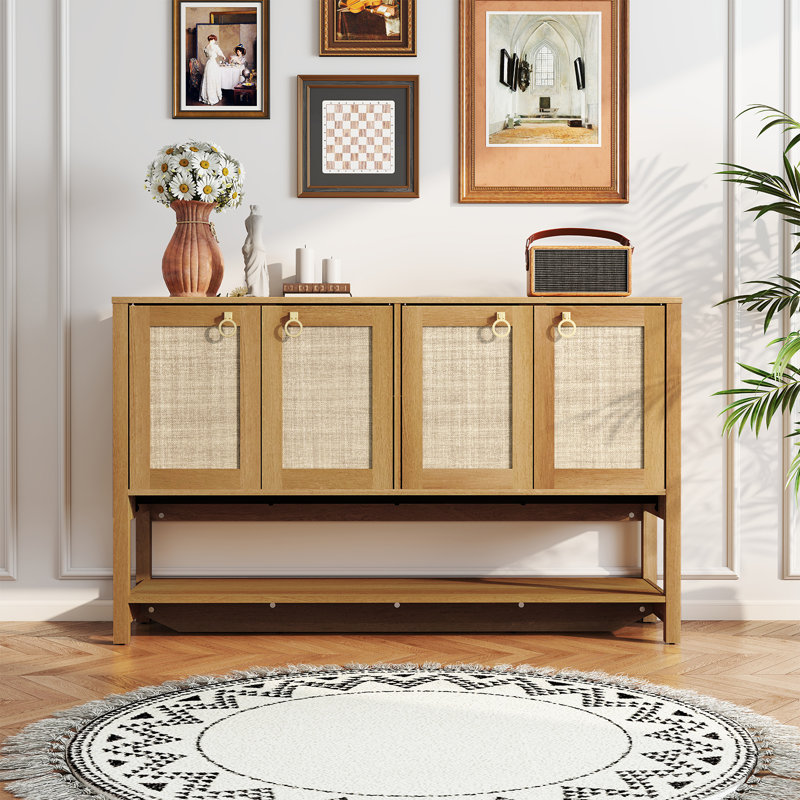 Sideboard Buffet Cabinet With Storage, Boho Credenza Storage Cabinet With 4 Doors And Adjustable Shelf, Wood Coffee Bar Console Cabinet Buffet Table For Kitchen, Dinning Room, Entryway