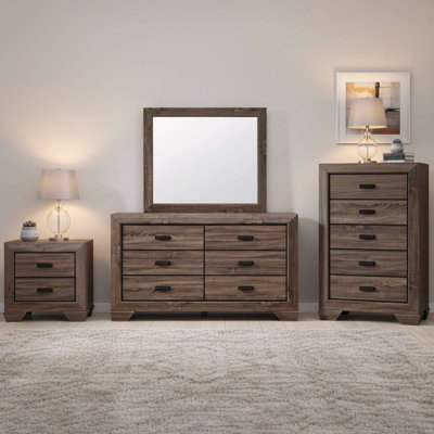 Ensemble de rangement de chambre à coucher brun vieilli 4 pièces avec commode, miroir, commode et table de chevet