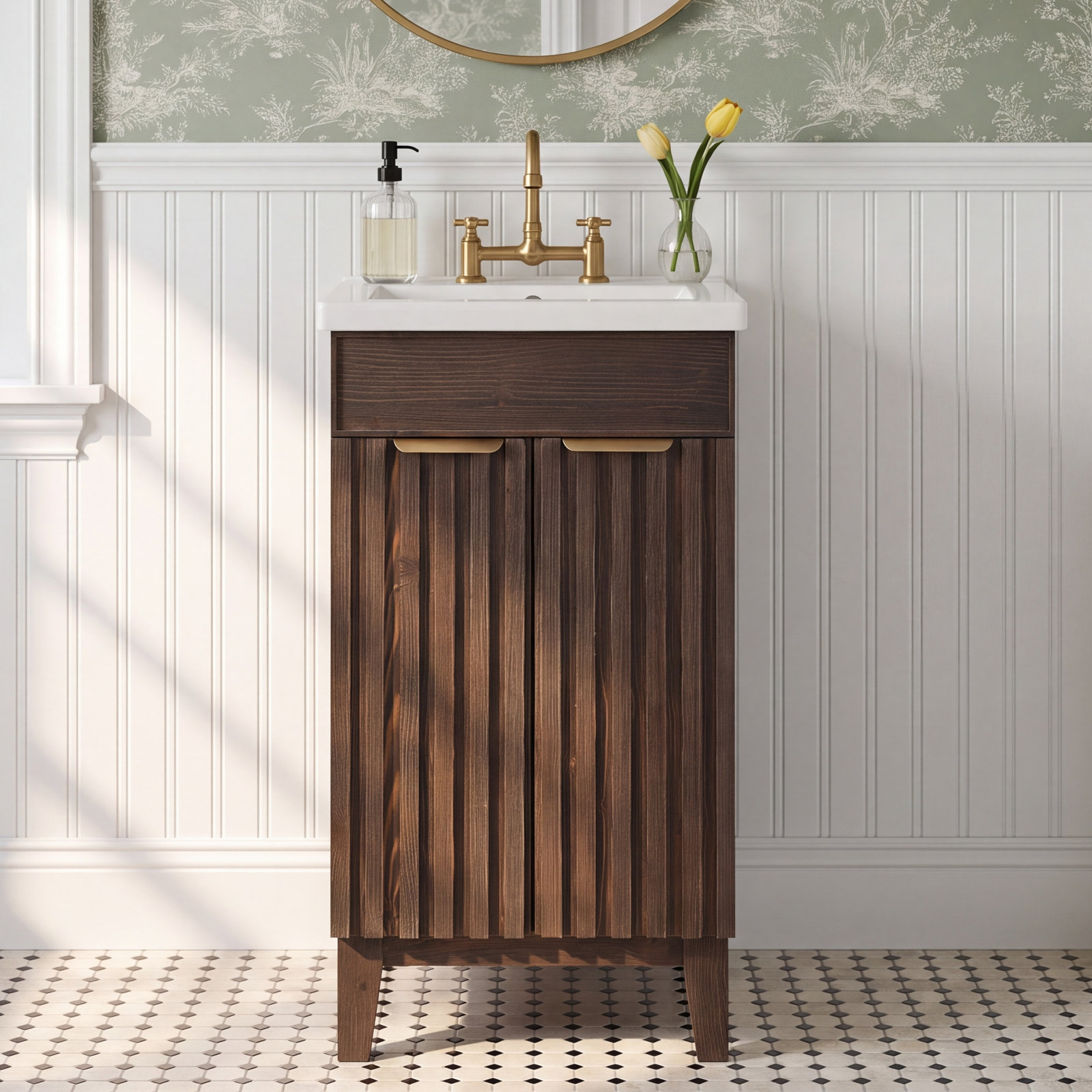Dansfield 18.1 " Pine Single Bathroom Vanity, Spruce Antique Brown, Brushed Gold