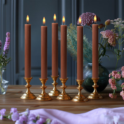Fluted Ribbed Grooved LED Flameless Taper Candles, Remote, On/Off Button, Battery Operated, 6 Pack
