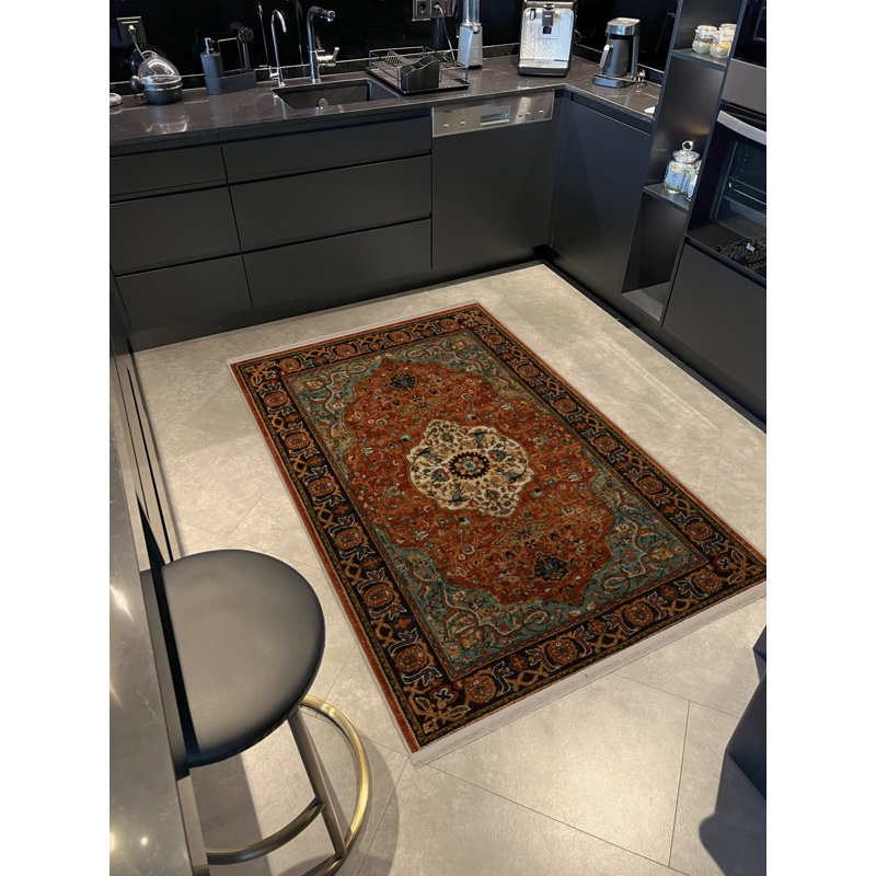 Tapis décoratif orange et bleu à motifs traditionnels, Rectangle 4 pi 11,06 po x 7 pi 6,55 po