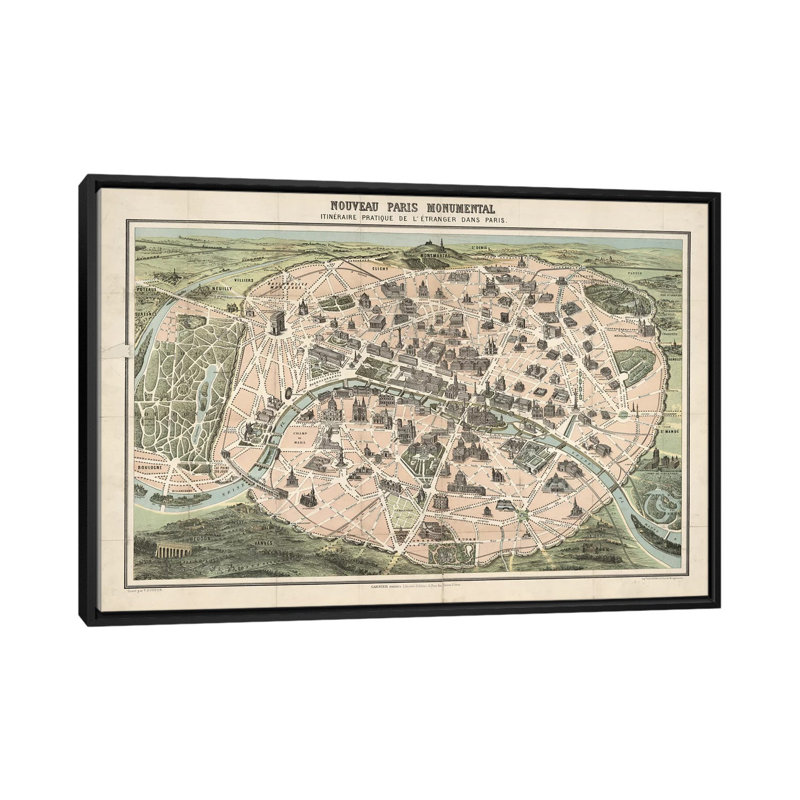 «Paris Monument Map» par Vintage Apple Collection, impression sur toile tendue, H 18 po x l 26 po x P 1,5 po, Pas de tapis