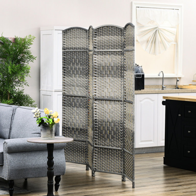 Paravent de 6 pi de hauteur, paravent 4 panneaux. Cloison en bois autoportante tissée à la main en gris mélangé. Pour la maison, le bureau, la chambre à coucher. Pliable, léger,. Aucun assemblage requis