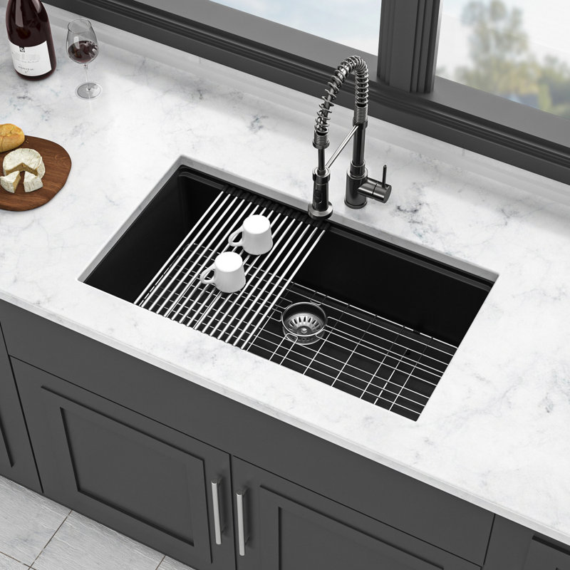 Évier de comptoir en granite noir de style station de travail 33 po x 19 po encastré - avec avantages en quartz pour la cuisine
