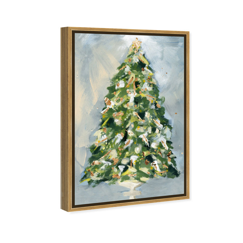«Christmas Tree 3», peinture sur toile, Flotteur doré, H 15 po x l 10 po x P 2 po