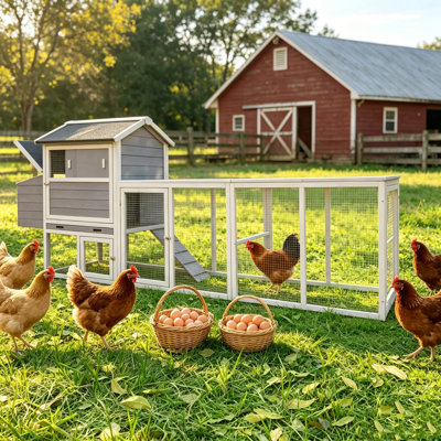 114"W Large Wooden Chicken Coop With Run,Rust-proof Metal Wire Poultry Cage,2 Nesting Box