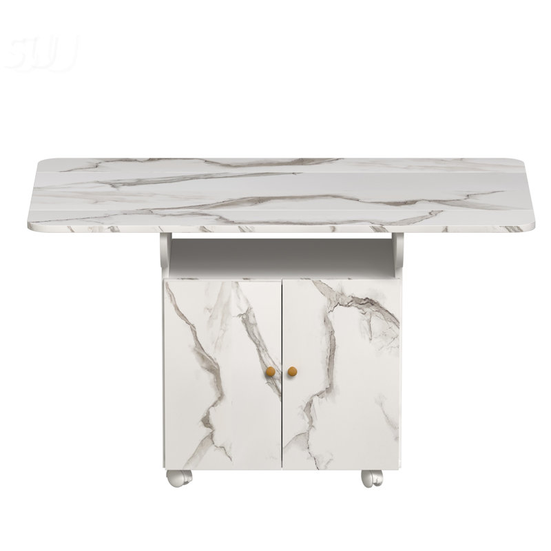 Versatile 47 Inch Wood Folding Dining Table With Storage, Wheels, And Marble Finish For Multi-Use Spaces
