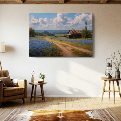Texas Bluebonnet, reproduction sur toile - grange rustique, décor de ferme