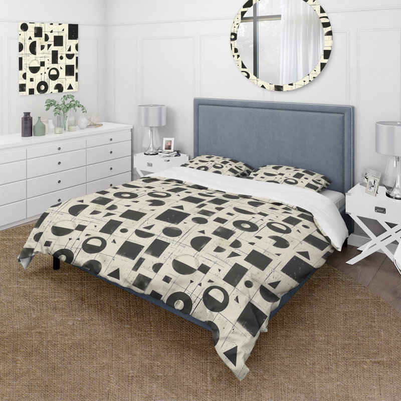 Ensemble de housse de couette blanc et noir Midcentury Geometric II - Midcentury