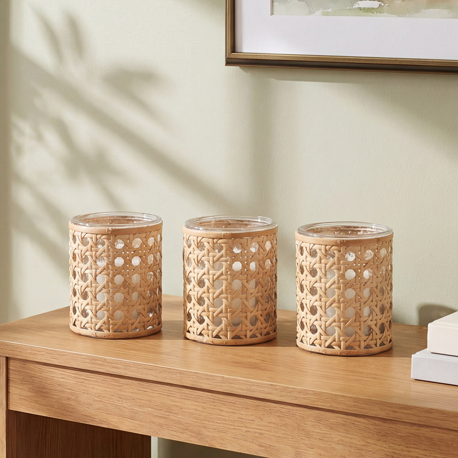 3-Piece Cane Webbing Candleholder Set