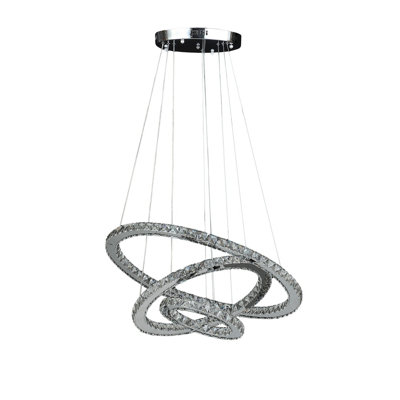 Lustre à télécommande réglable à intensité variable de 11,8 po à 47,2 po de hauteur réglable à trois anneaux en cristal blanc pur blanc moderne