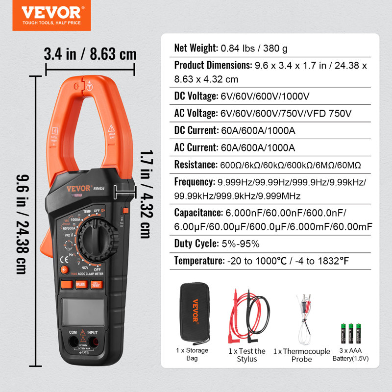 WFX Utility™ Digital Clamp Meter T-RMS, 6000 Counts, 1000A Clamp Multimeter Tester