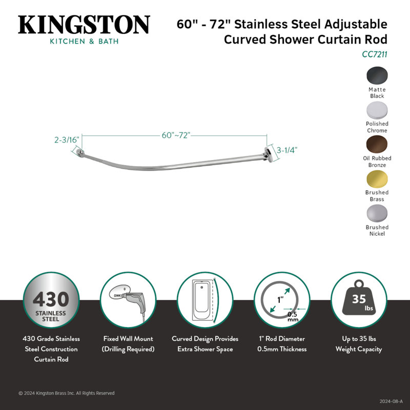 Kingston Brass Edenscape 72-Inch Stainless Steel Single Curved Shower Curtain Rod, Oil Rubbed Bronze