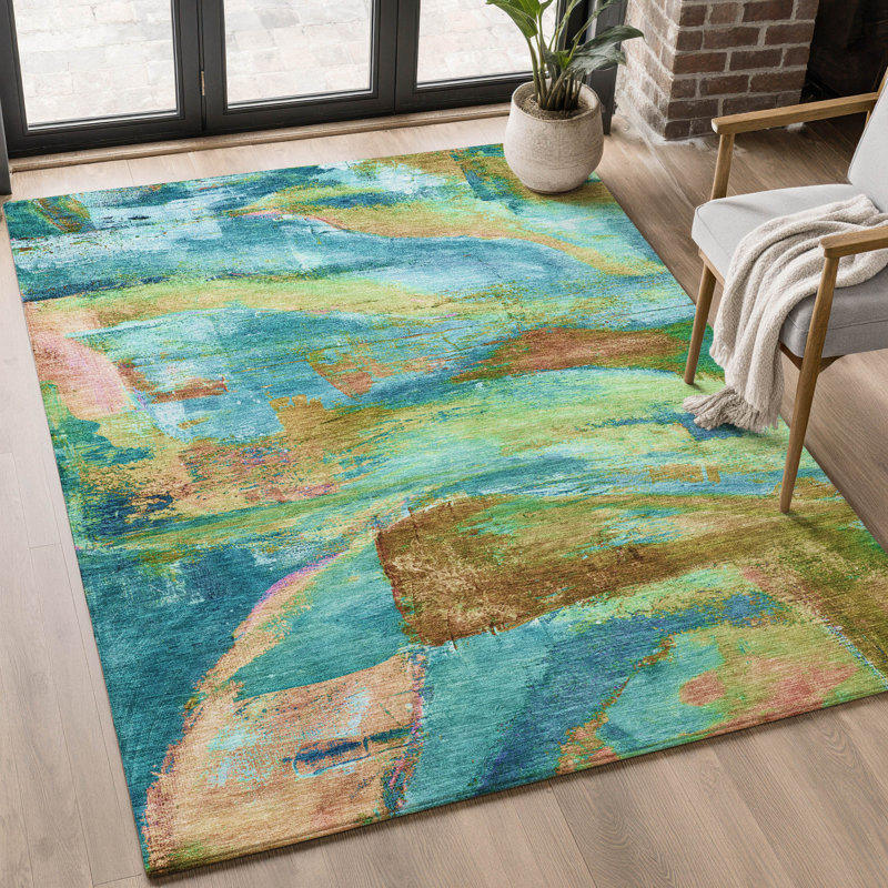 Tapis abstrait lavable à la machine de qualité supérieure Mayfield AMF2040, 9 pi x 12 pi, Sarcelle