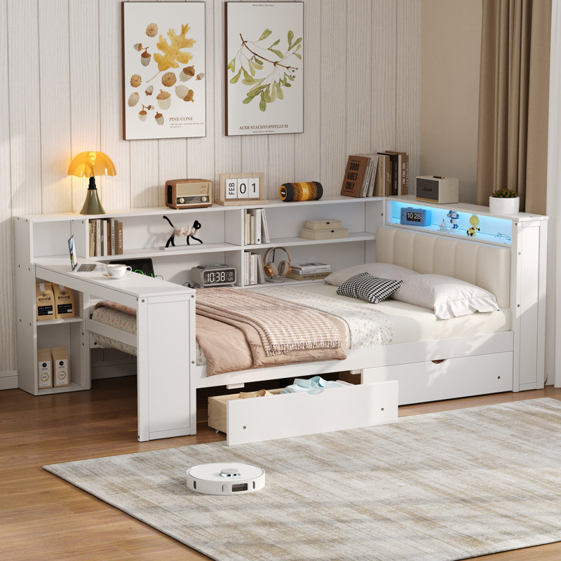 Lit plateforme avec tablettes de rangement, Complet/Double, Blanc