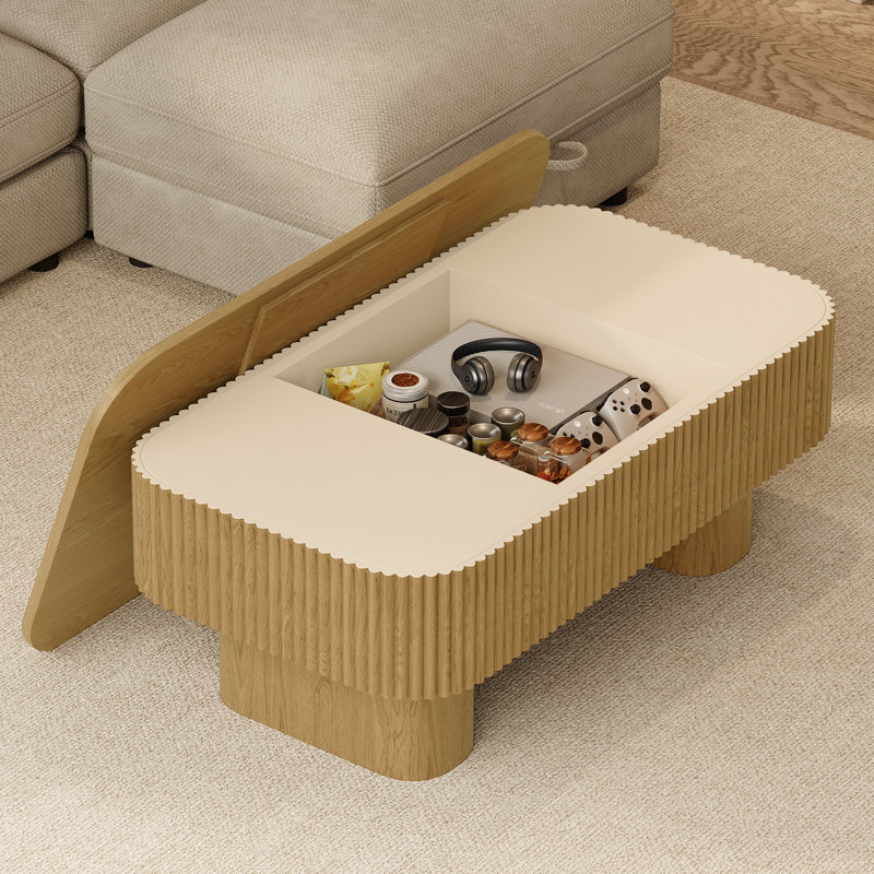 Table basse cannelée rectangulaire en bois avec rangement, Naturel
