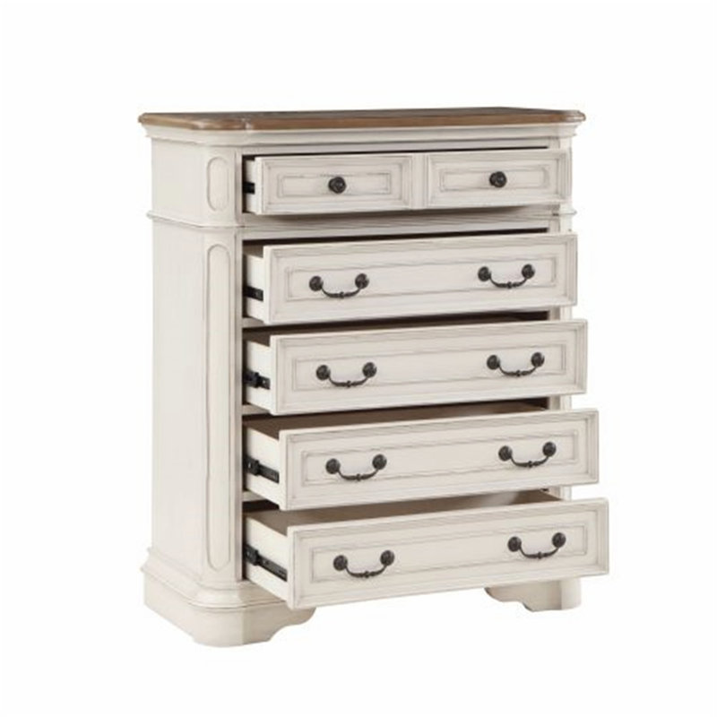 Commode 5 tiroirs Florian en chêne et blanc antique