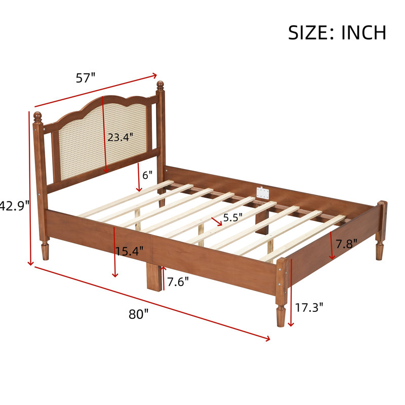 Lit double avec tête de lit attrayante, noyer, plateforme en bois noyer Serenity