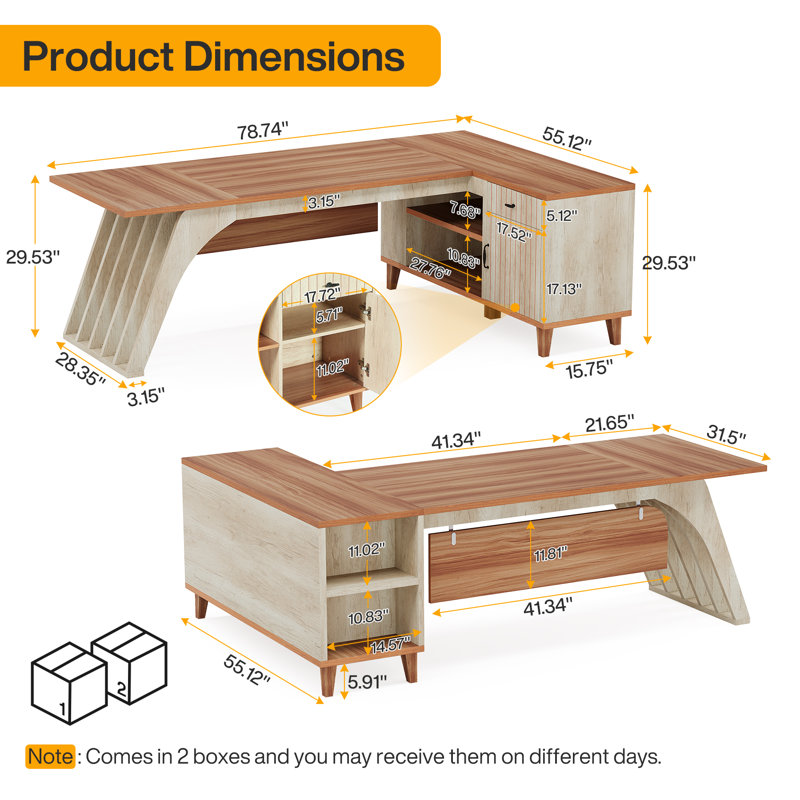78.74" L-shaped Executive Desk, Large Computer Desk With File Cabinet