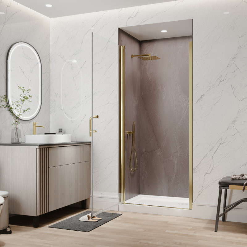 34-36 In. W X 72 In. H Frameless Pivot Shower Door, 1/4 In. Clear Glass, Brushed Gold Finish, Reversible Installation | Gift Idea