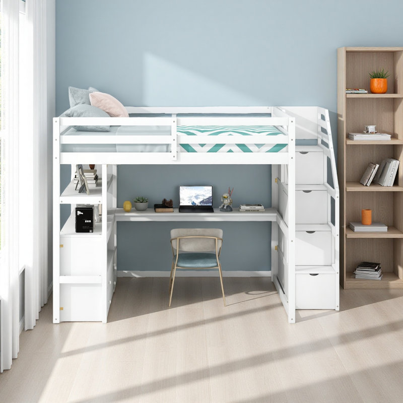 Lit mezzanine double avec bureau et tablettes, deux tiroirs intégrés, escalier de rangement, Blanc