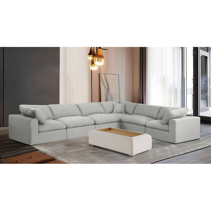 Huggett Upholstered L-Shaped Sectional Reversible, Cream Linen Textured Fabric