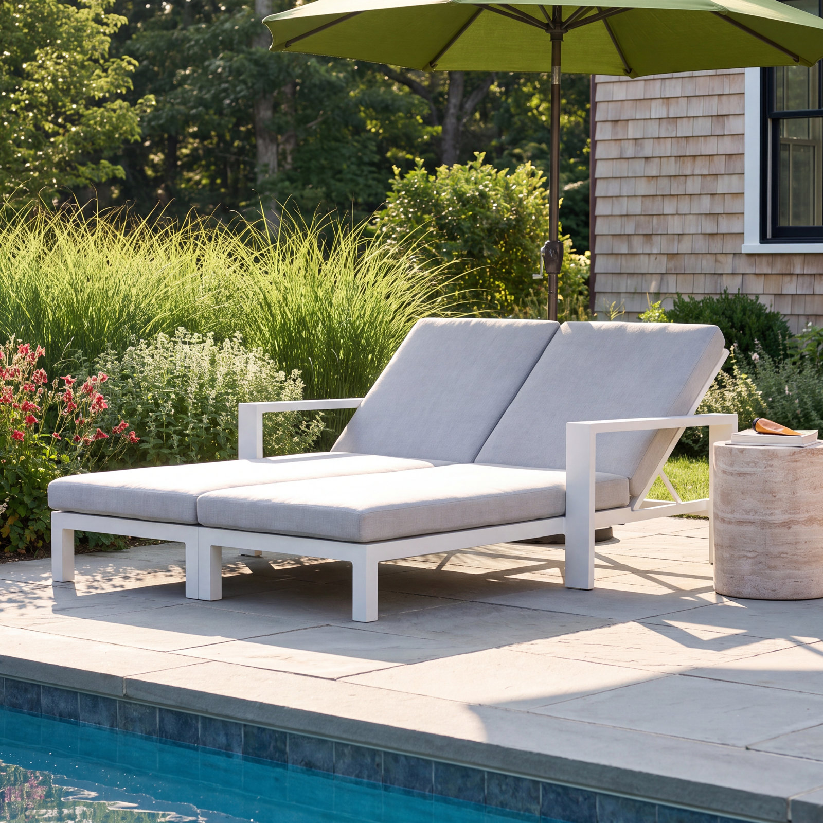 Hoyt 63" Patio Double Chaise Lounge, Light Gray, Snow White