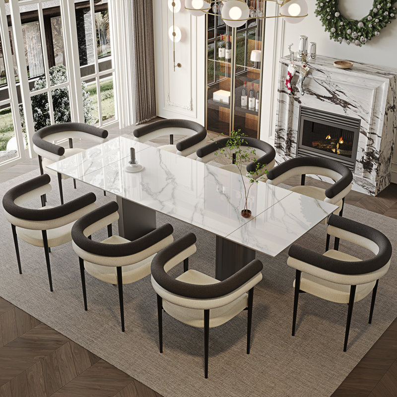 Ensemble de 9 tables de salle à manger extensibles de 63 à 94,5 po avec table en pierre frittée et 8 fauteuils, Noir