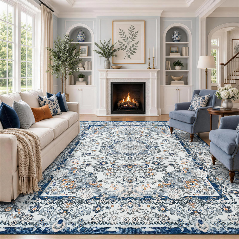 Tapis lavable à motif médaillon rétro avec envers antidérapant, Rectangulaire 8 pi x 10 pi