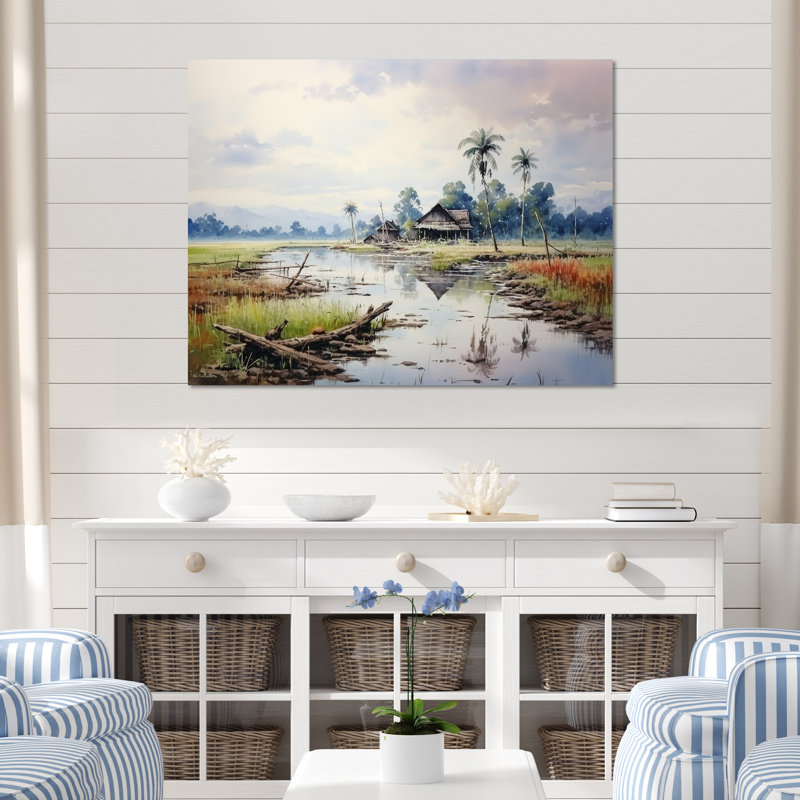 Indonésien sérénité, paysage tranquille - art mural Indonésie, Cadre flottant doré, H 16 po x l 32 po x P 1 po