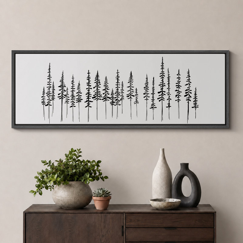 «Minimal Botanical Minimalist Pine Tree Silhouette», reproduction encadrée sur toile, H 20 po x l 60 po