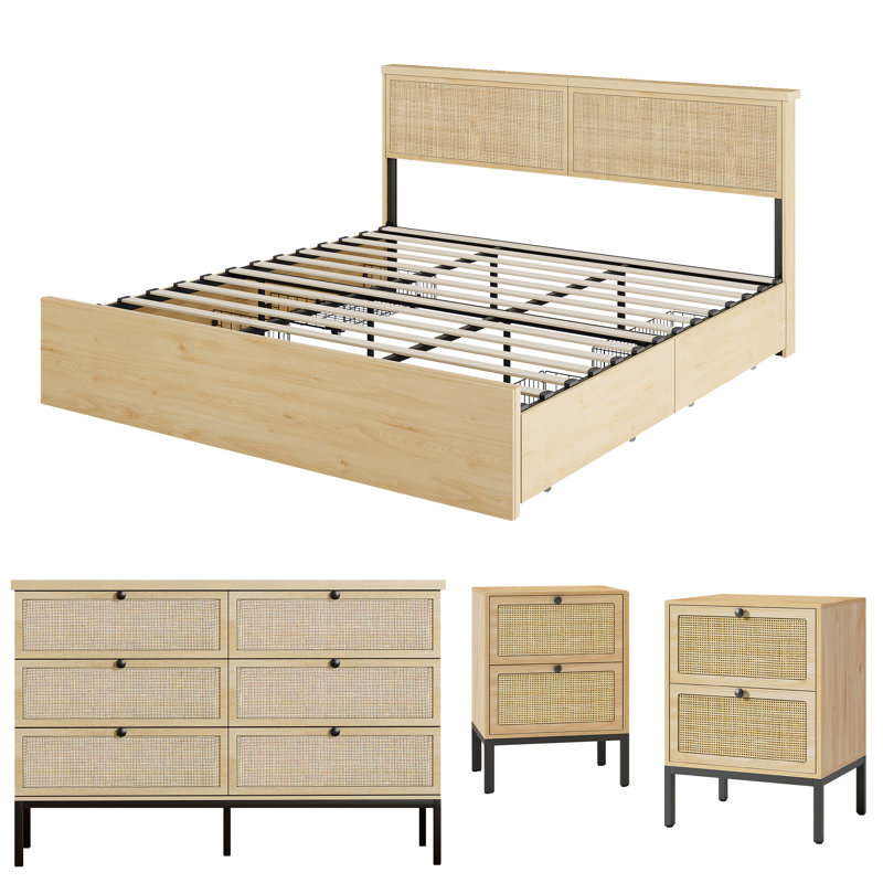 Boho Natural Rattan 4-piece Bedroom Set, King
