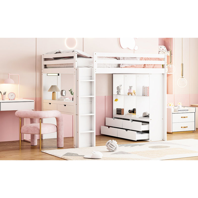 Twin Size Loft Bed - White With Versatile Shelves, Desk, Led Space-Optimized In, Twin, White