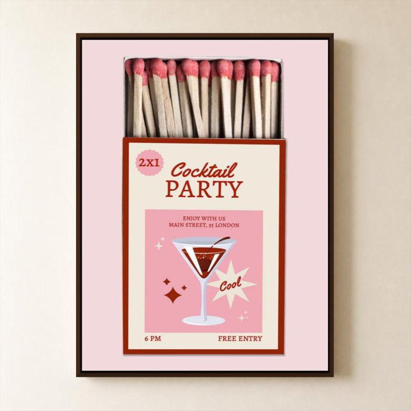 «Matchbook Party» par CAD Designs - Impression sur toile, 24" H x 18" W, Cadre plat flottant, Brown