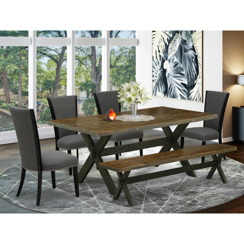 6 Piece Dining Table Set Contains a Rectangle Kitchen Table with X-Legs and 4 Dark Gotham Linen Fabric Parson Chairs with a Bench, Black Finish