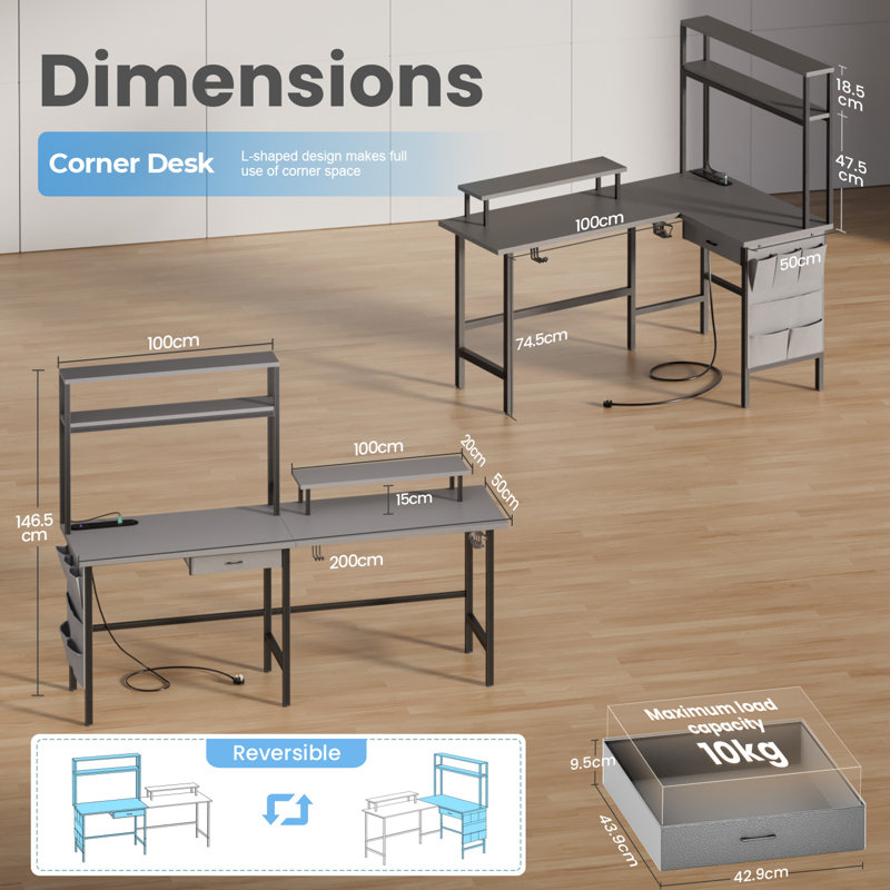 L Shaped Desk with LED Light & Power Outlet, Reversible Corner Gaming Desk with Storage Shelves & Drawer, Computer Table with Monitor Stand for Home Office, Work & Study,L Shape Set 2 Desks & Storage Shelf