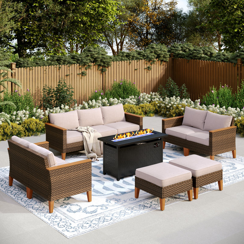 Phenice 9 - Person Wicker Outdoor Patio Conversation Furniture Sectional Set with Fire Pit Table, Beige