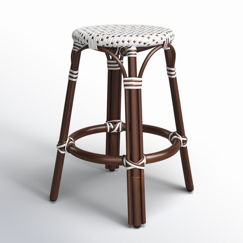 Tabouret de bar et de comptoir en rotin tissé à la main Alastair, Blanc / point brun / cadre en rotin brun foncé