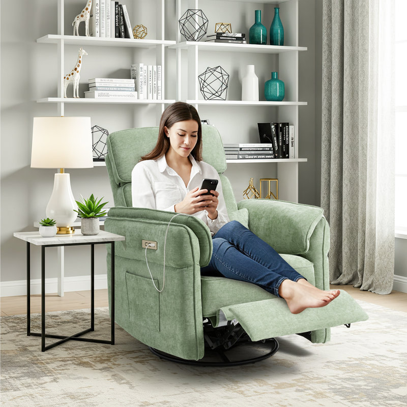 Power Swivel Recliner Glider With Adjustable Headrests & Armrests,  Usb And Type-C Charging Ports, Green