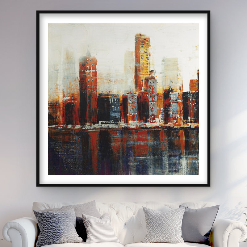 Abstrait paysage urbain rouge - reproduction encadrée mat pour le salon, H 48 po x l 48 po, Noir